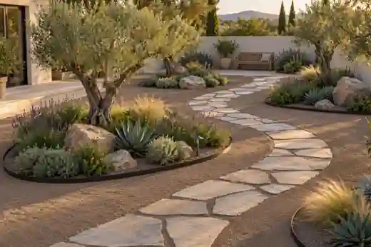 Jardín con olivos y un andador curvo sobre arena